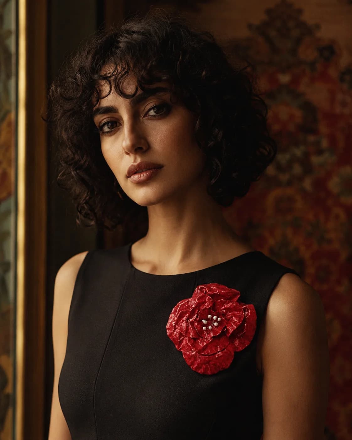 Handmade paper brooch worn as editorial portrait — Sara Idee wearable art