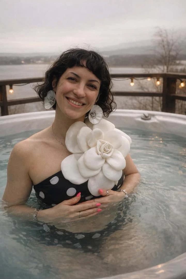 White sculptural paper flower brooch worn outdoors — Sara Idee wearable paper art